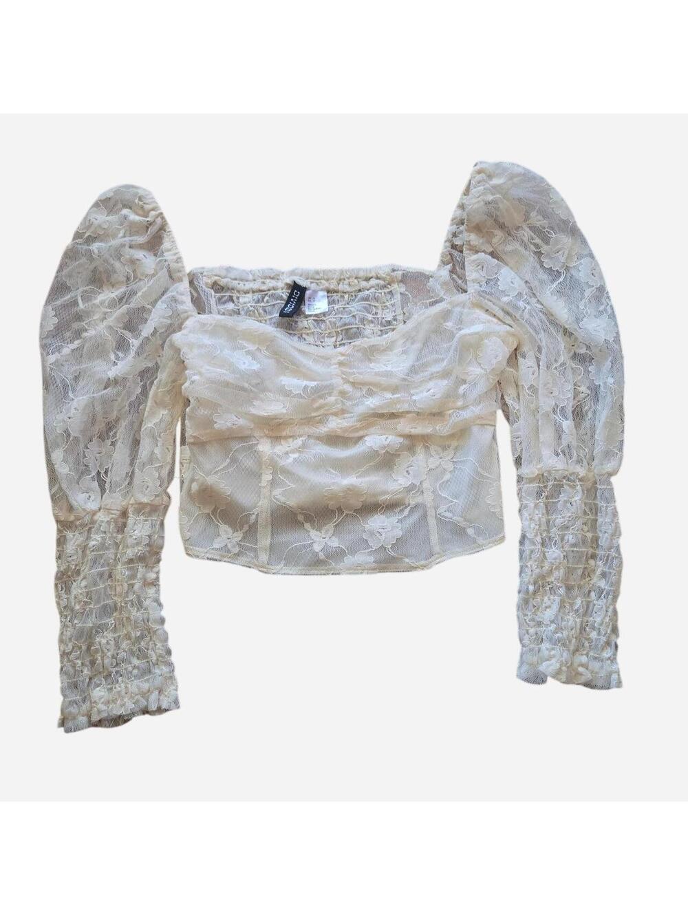 Cottagecore Y2K Cream Floral Lace Long Sleeve Crop Top Size Small from H&M